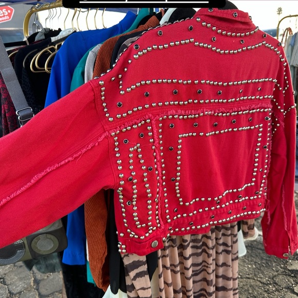 Red denim studded jacket - Picture 3 of 5